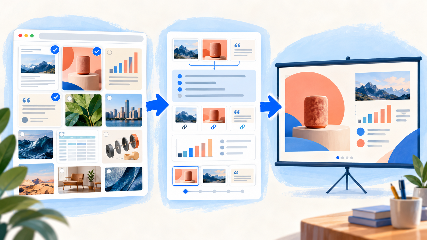 Illustration of selected presentation references becoming a deck brief and final slide