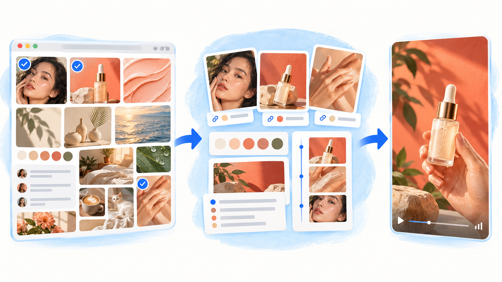 Illustration of selected social-content materials becoming an organized brief and a vertical video post